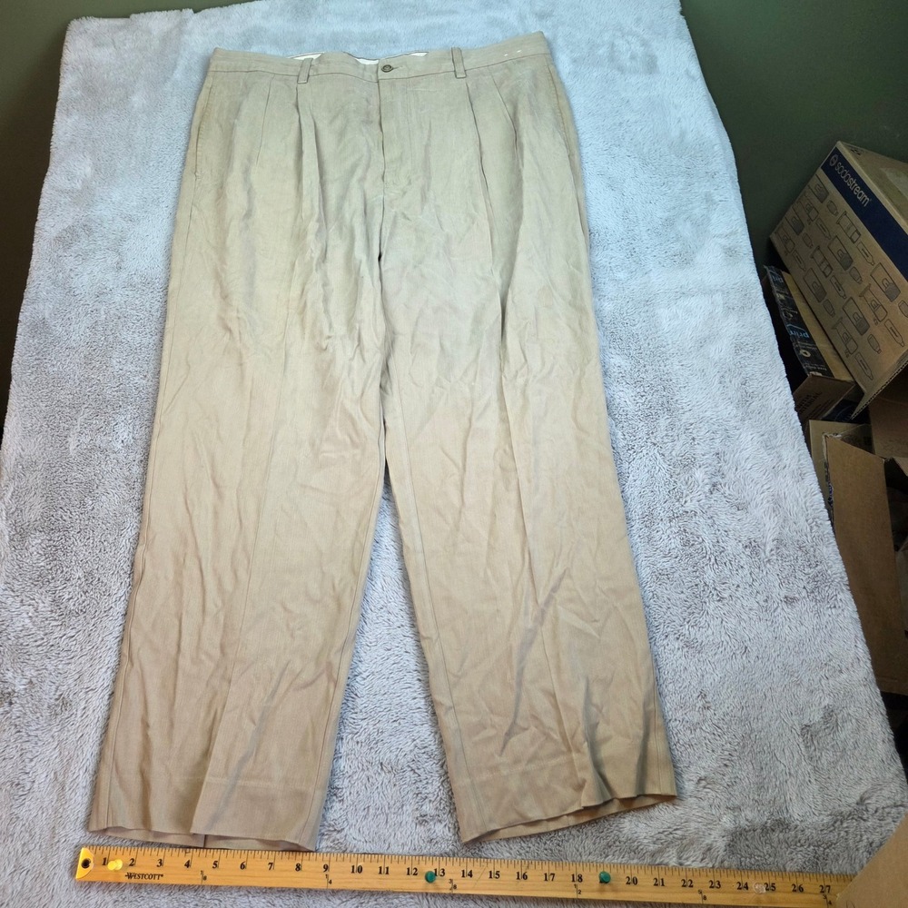 Tommy Bahama Silk Dress Pants Mens 38X30 Pleated Herringbone Trousers Khaki Tan